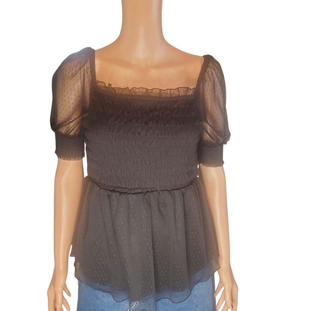 Sheer Puff Sleeve Swiss Dot Smocked Black Peplum Top Size M Coquette Romantic